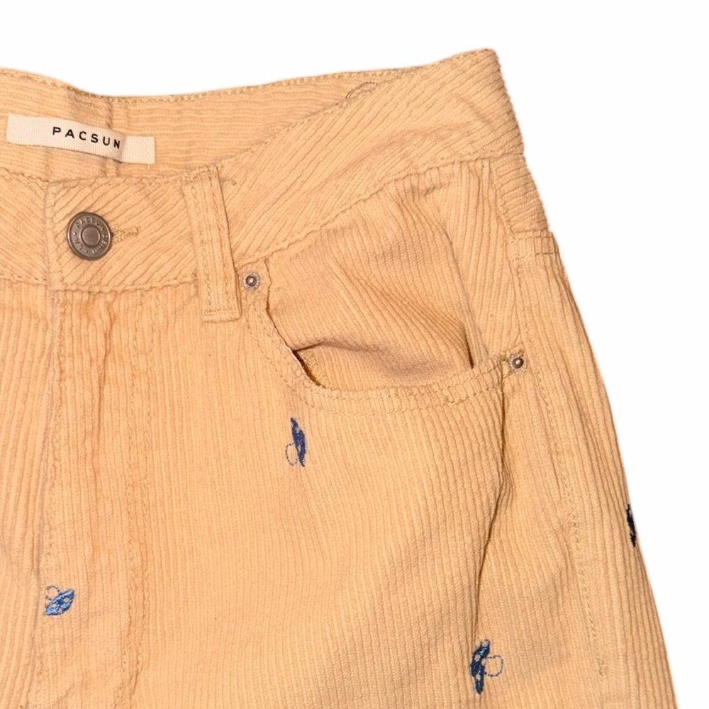 PacSun Boyfriend Corduroy Pants | Beige + Blue Embroidered Mushrooms - Size: 27 - Picture 4 of 7
